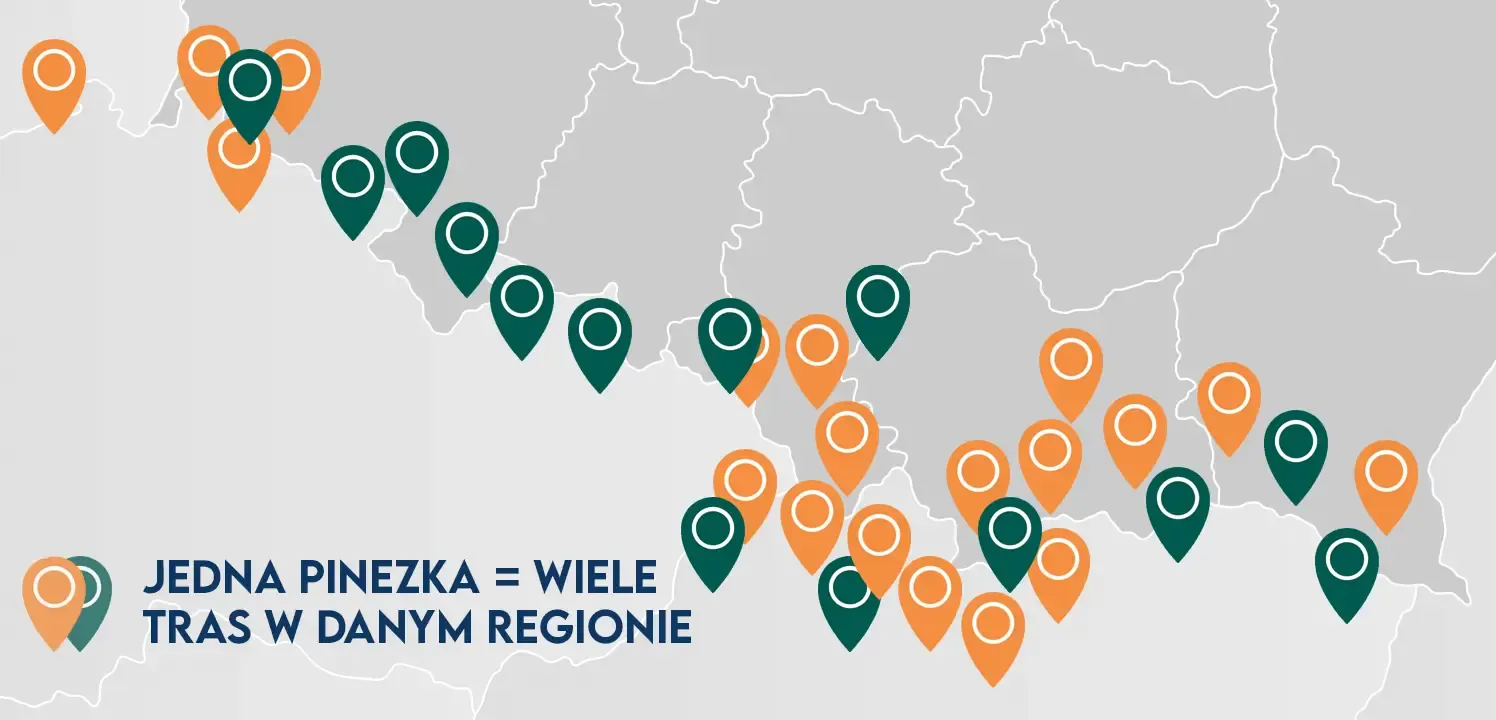 Mapa Polski z pinezkami tras opisanych w książce